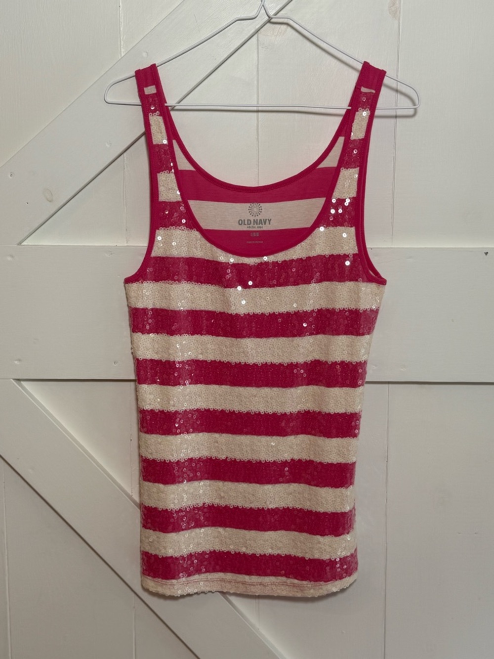 Old Navy Large Sequin Striped Tank Top Pink Ivory Sleeveless